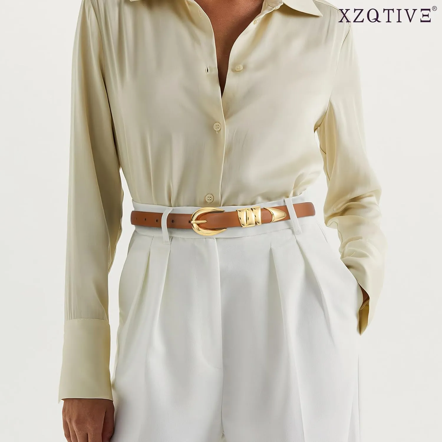 XZQTIVE Women's Skinny Leather Belts Ladies Thin Waist Belts for Jeans Dress Pants Trendy Black Belt with Gold Buckle