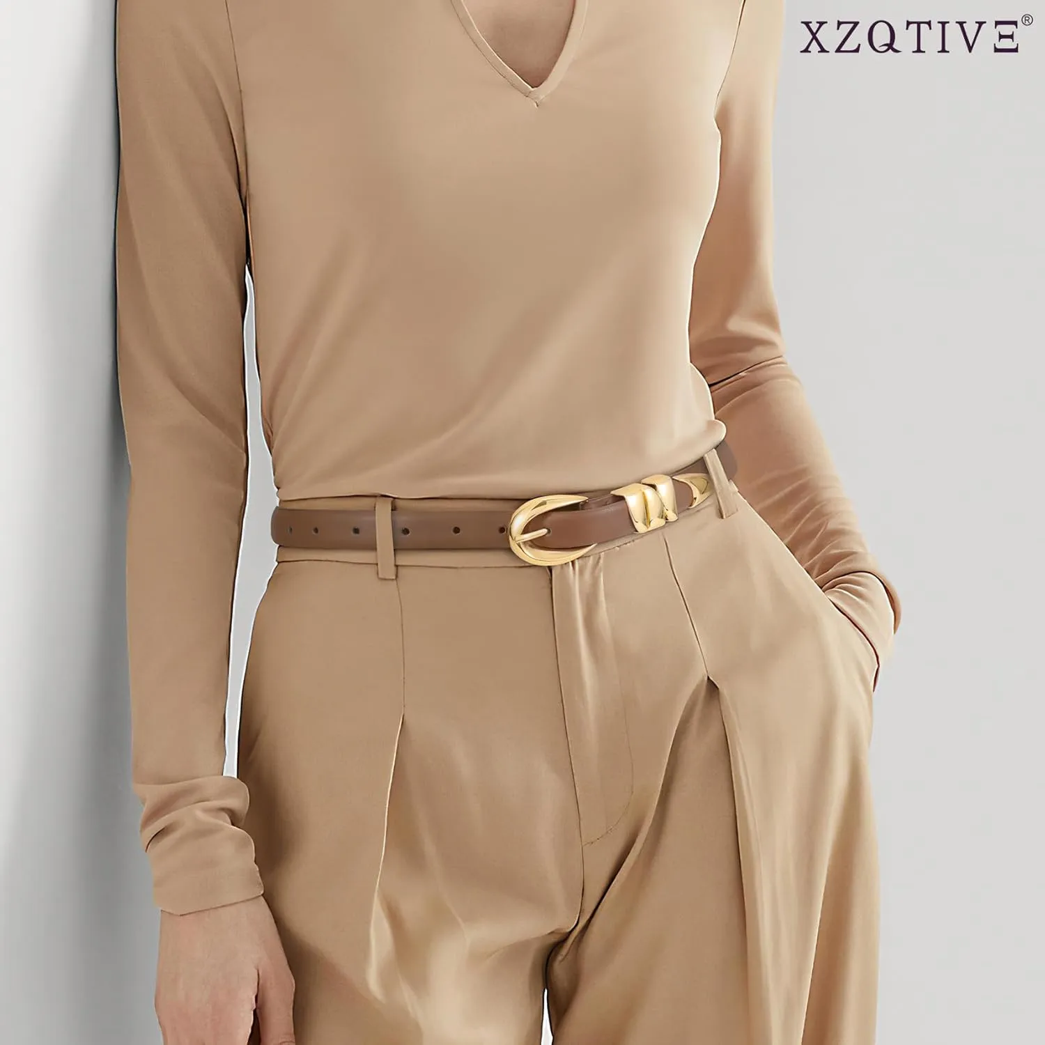 XZQTIVE Women's Skinny Leather Belts Ladies Thin Waist Belts for Jeans Dress Pants Trendy Black Belt with Gold Buckle
