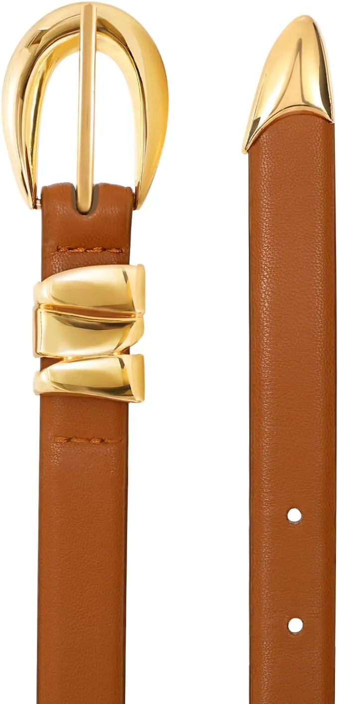 XZQTIVE Women's Skinny Leather Belts Ladies Thin Waist Belts for Jeans Dress Pants Trendy Black Belt with Gold Buckle