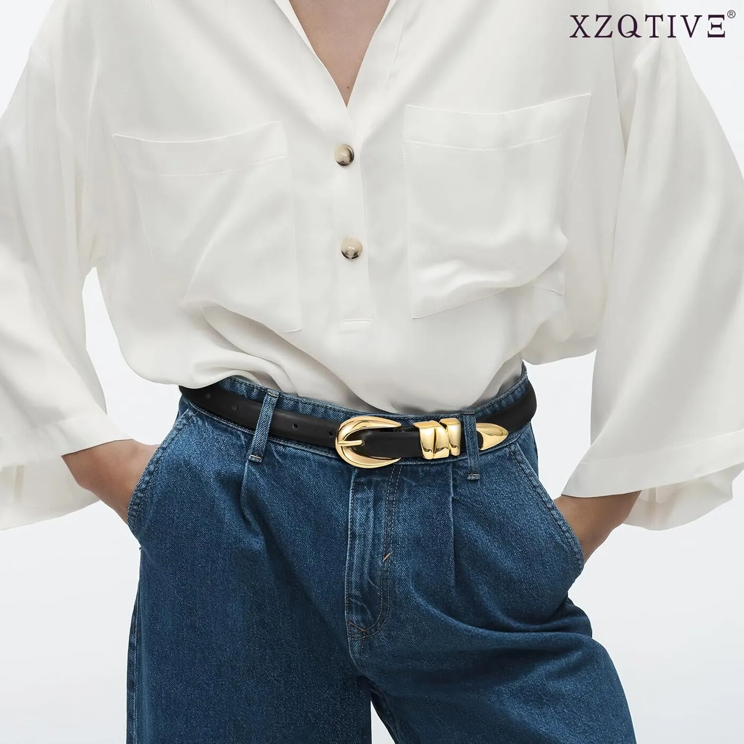 XZQTIVE Women's Skinny Leather Belts Ladies Thin Waist Belts for Jeans Dress Pants Trendy Black Belt with Gold Buckle