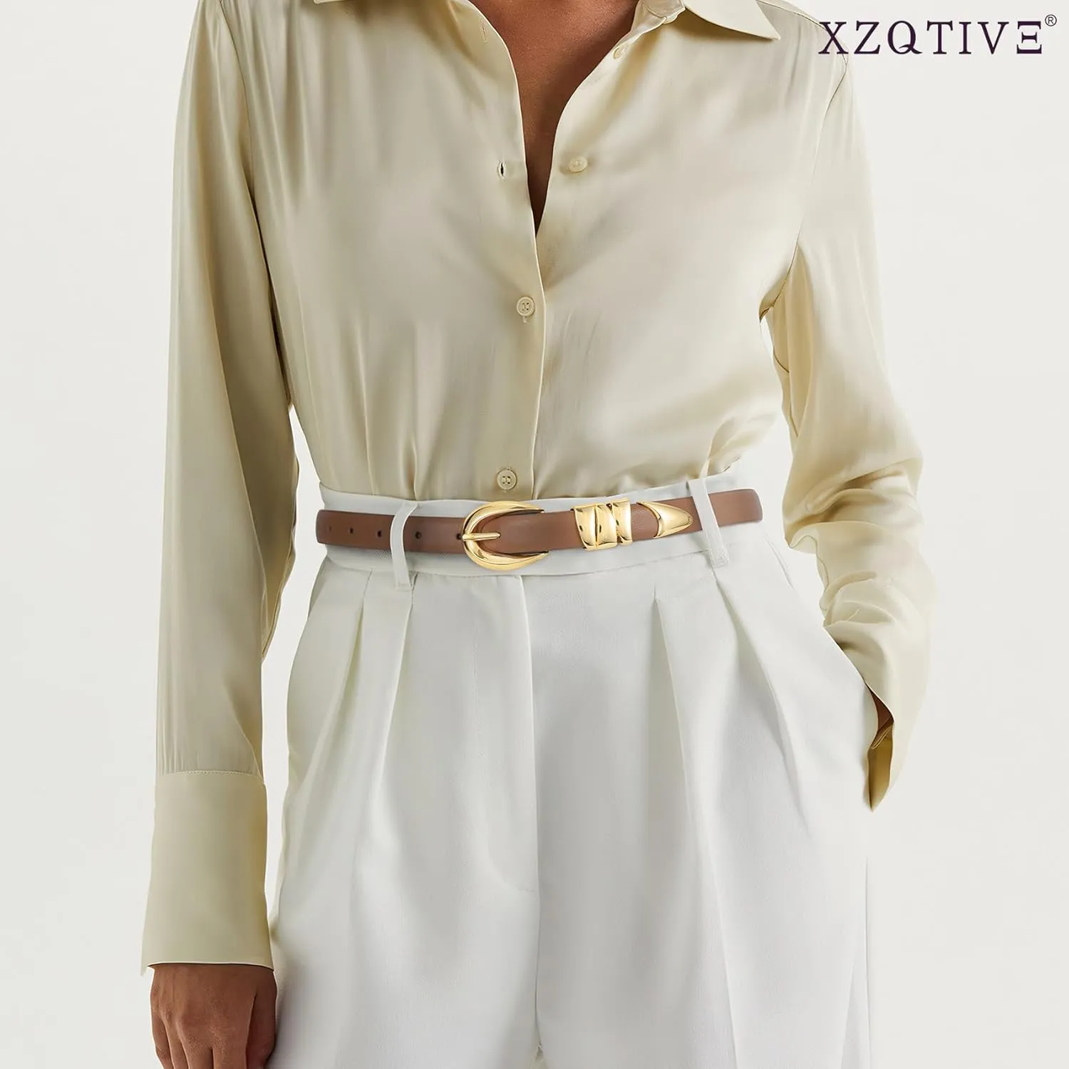 XZQTIVE Women's Skinny Leather Belts Ladies Thin Waist Belts for Jeans Dress Pants Trendy Black Belt with Gold Buckle