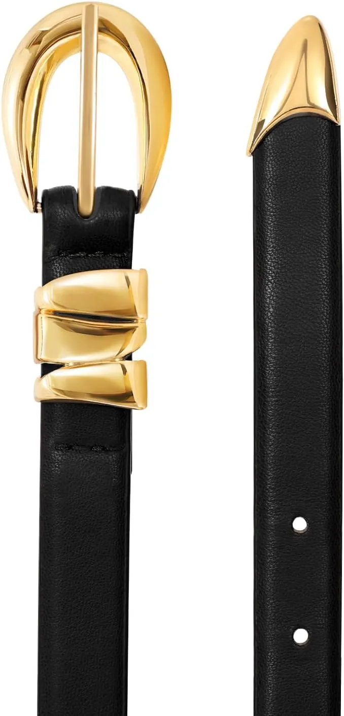 XZQTIVE Women's Skinny Leather Belts Ladies Thin Waist Belts for Jeans Dress Pants Trendy Black Belt with Gold Buckle
