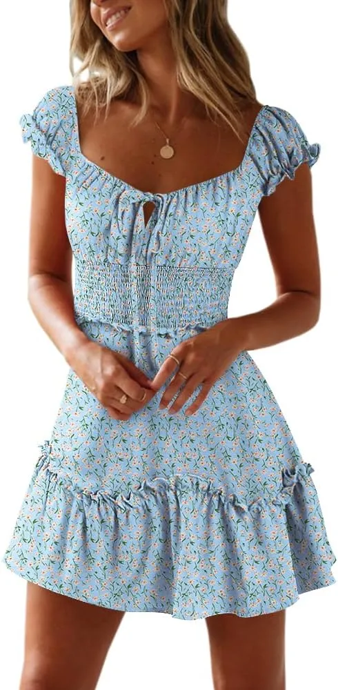 YOBECHO Womens Summer Ruffle Sleeve Sweetheart Neckline Printing Dress Mini Dresses Light Blue