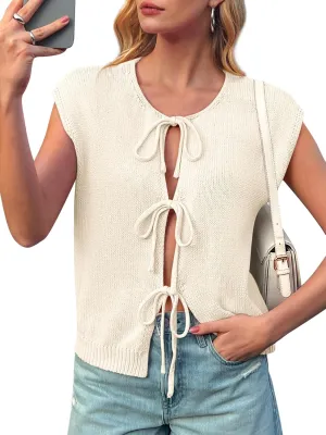 Yousify Open Front Tie Sweater Vest for Women Lightweight Summer Sleeveless Cardigan Tank Tops S-2XL