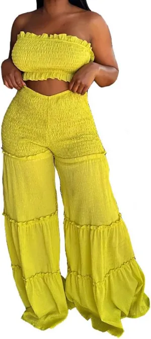 Yuopeid Women's Sexy 2 Piece Outfits Sleeveless Tube Crop Tops and Loose Wide Leg Pant Set