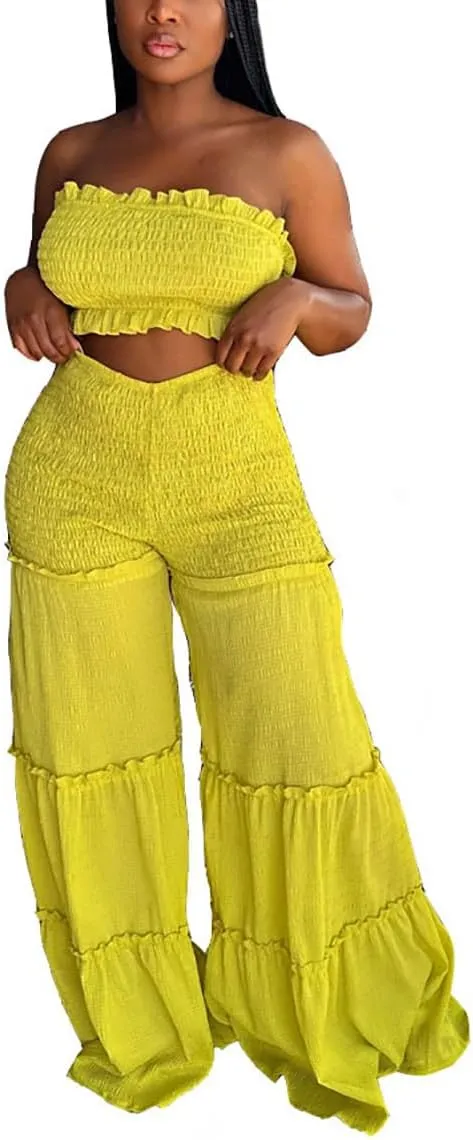 Yuopeid Women's Sexy 2 Piece Outfits Sleeveless Tube Crop Tops and Loose Wide Leg Pant Set