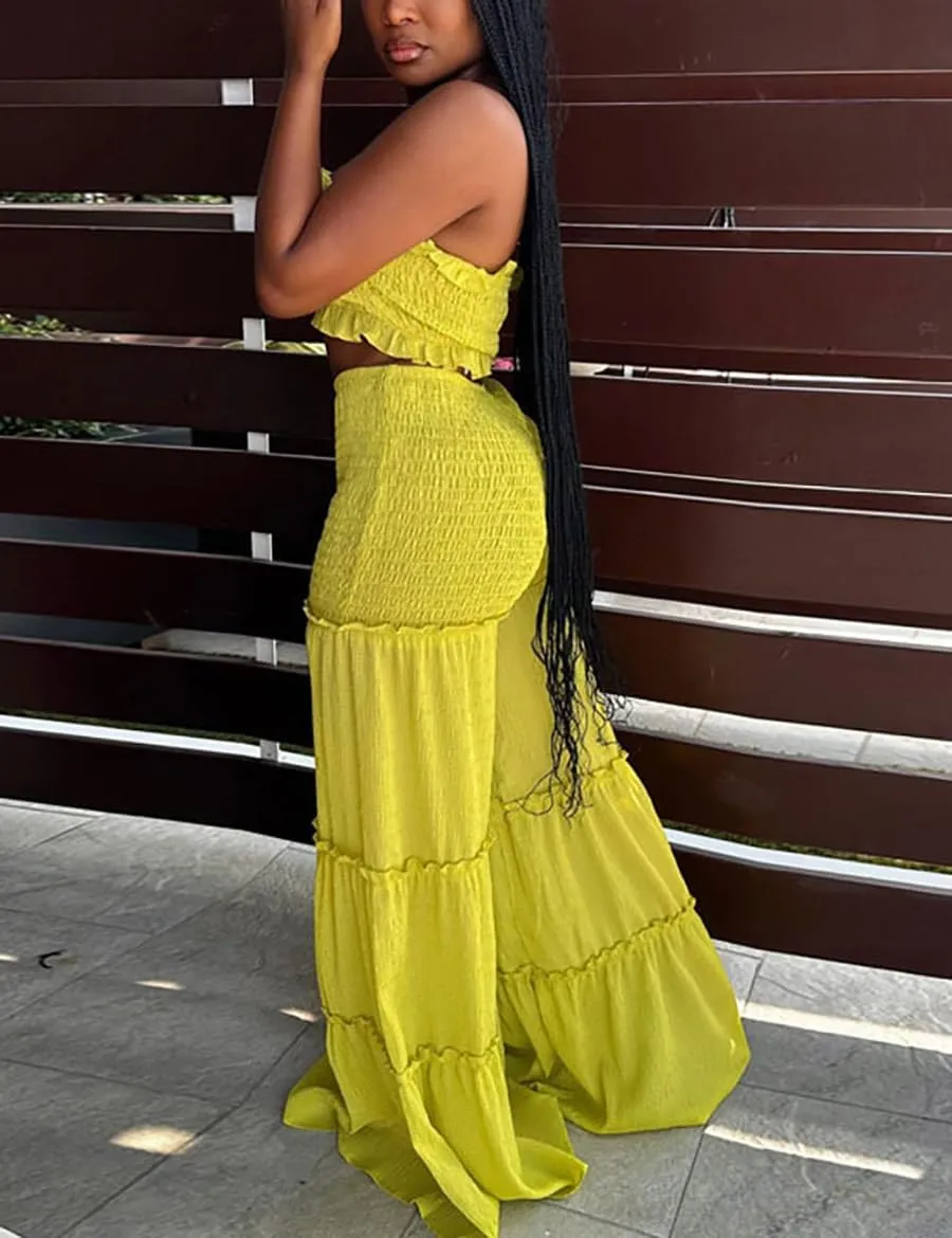 Yuopeid Women's Sexy 2 Piece Outfits Sleeveless Tube Crop Tops and Loose Wide Leg Pant Set