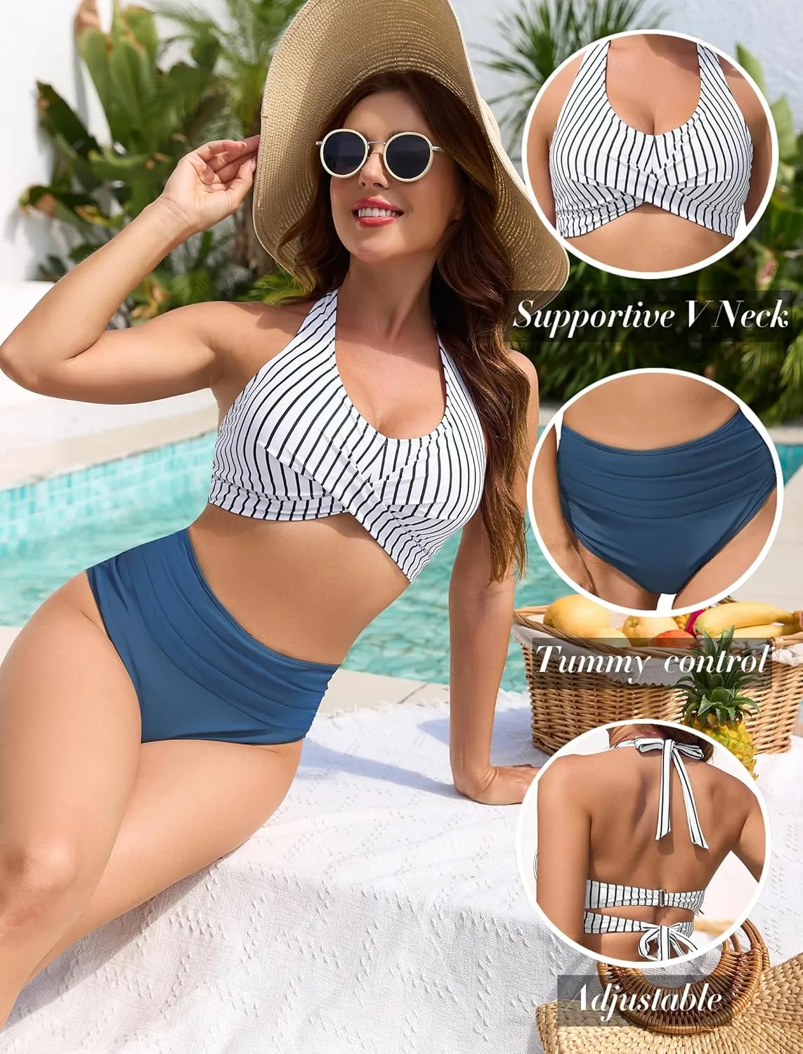 ZAFUL Womens Two Piece Swimsuit Push Up High Waisted Bikini Sets Halter V Neck Modest Bathing Suits Ruched Swimwear