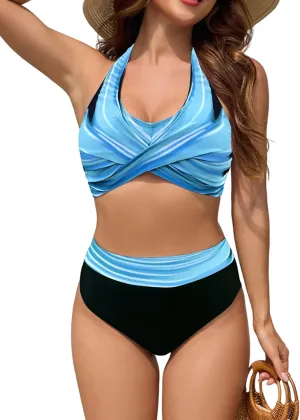 ZAFUL Womens Two Piece Swimsuit Push Up High Waisted Bikini Sets Halter V Neck Modest Bathing Suits Ruched Swimwear