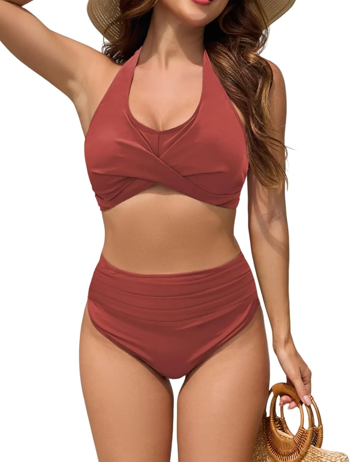 ZAFUL Womens Two Piece Swimsuit Push Up High Waisted Bikini Sets Halter V Neck Modest Bathing Suits Ruched Swimwear