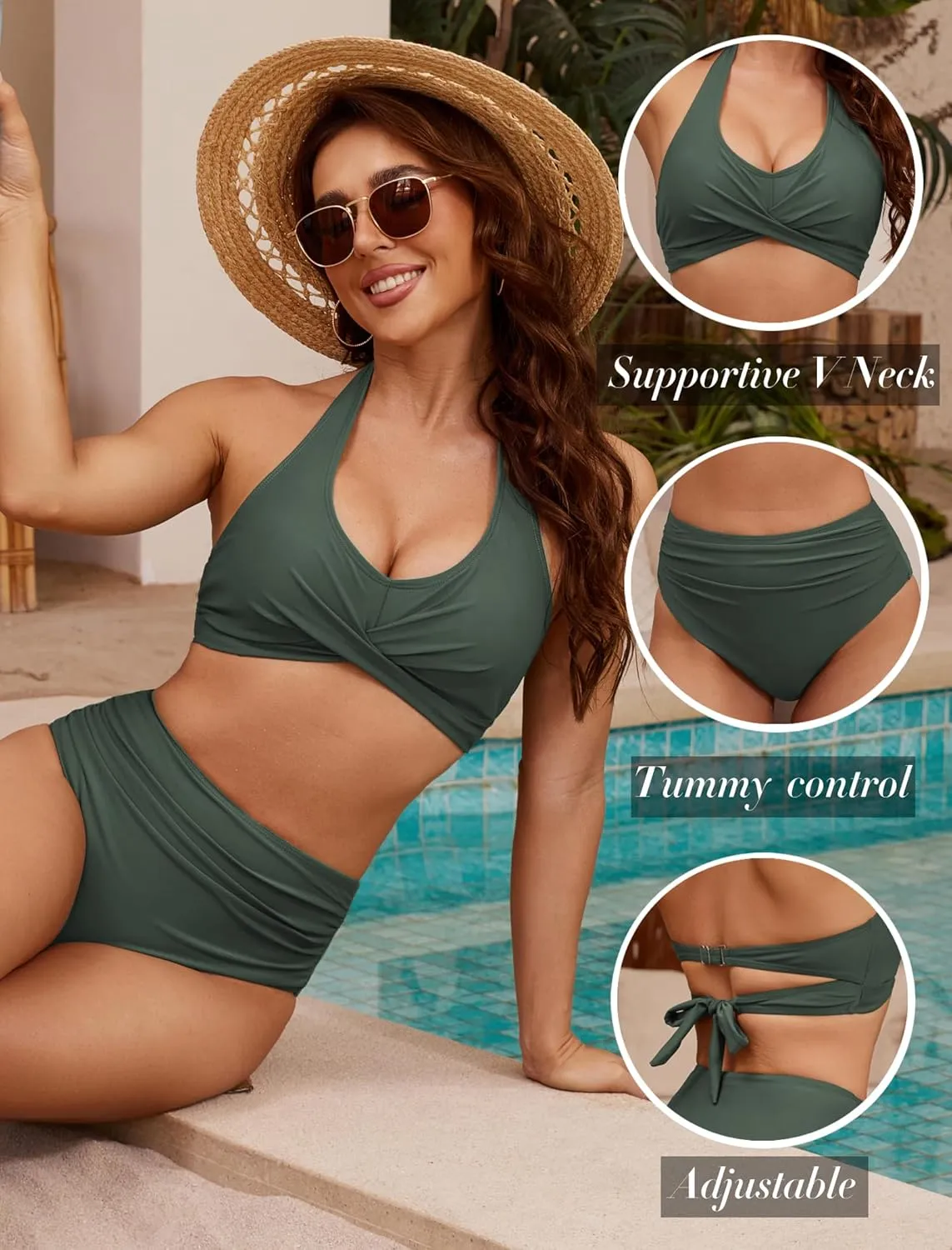 ZAFUL Womens Two Piece Swimsuit Push Up High Waisted Bikini Sets Halter V Neck Modest Bathing Suits Ruched Swimwear