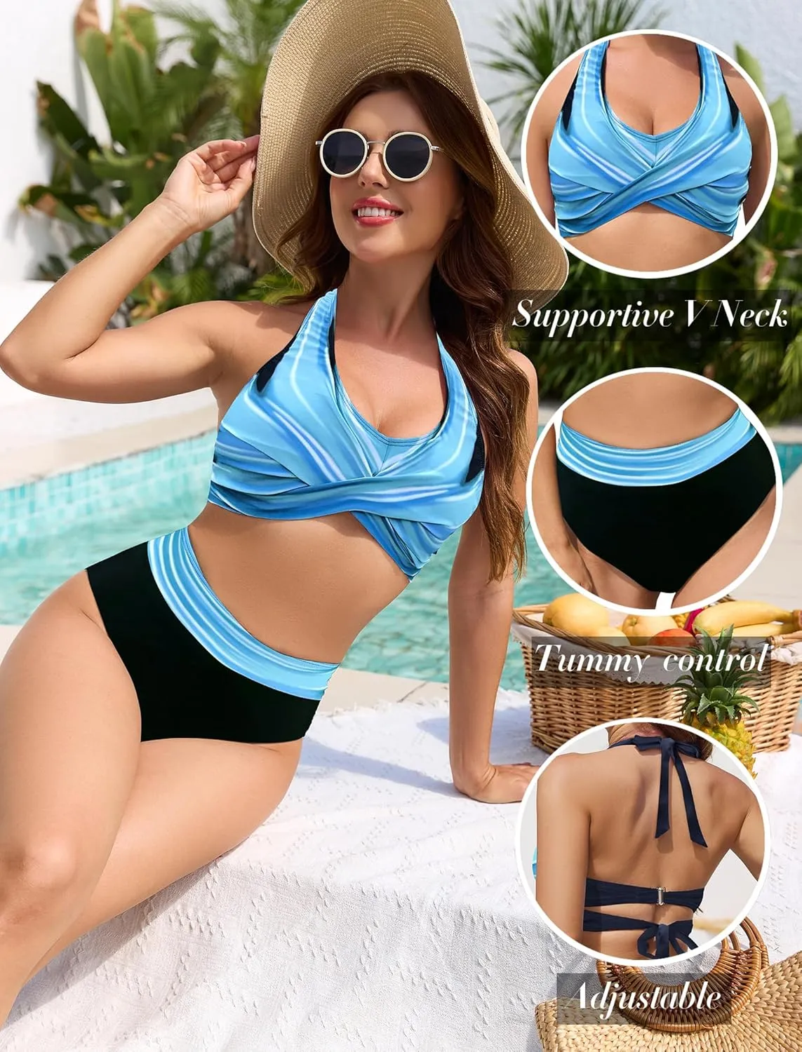 ZAFUL Womens Two Piece Swimsuit Push Up High Waisted Bikini Sets Halter V Neck Modest Bathing Suits Ruched Swimwear