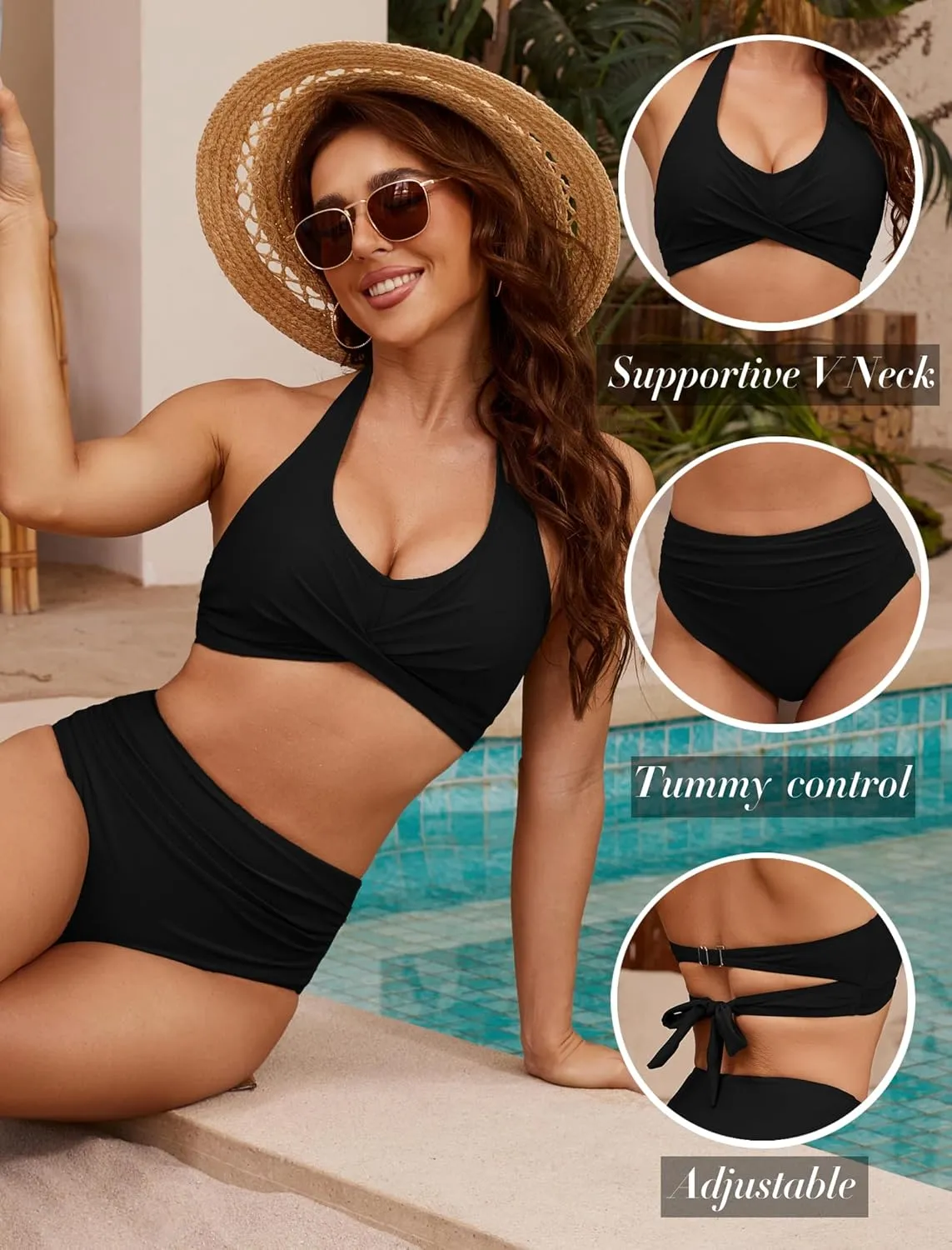 ZAFUL Womens Two Piece Swimsuit Push Up High Waisted Bikini Sets Halter V Neck Modest Bathing Suits Ruched Swimwear