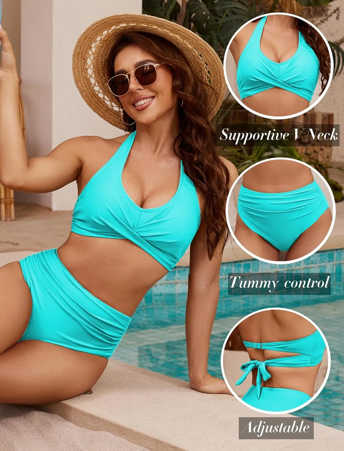 ZAFUL Womens Two Piece Swimsuit Push Up High Waisted Bikini Sets Halter V Neck Modest Bathing Suits Ruched Swimwear