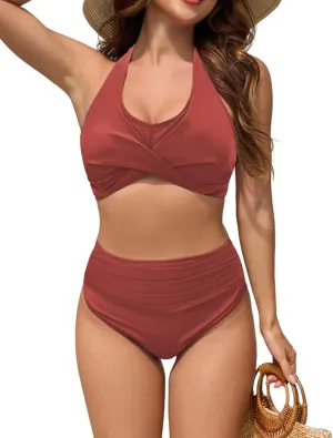 ZAFUL Womens Two Piece Swimsuit Push Up High Waisted Bikini Sets Halter V Neck Modest Bathing Suits Ruched Swimwear