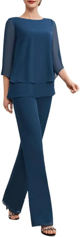 Zongqiven Womens Dressy Pant Suit Wedding Evening Outfits 2 Piece Chiffon Formal Pantsuits