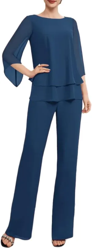 Zongqiven Womens Dressy Pant Suit Wedding Evening Outfits 2 Piece Chiffon Formal Pantsuits