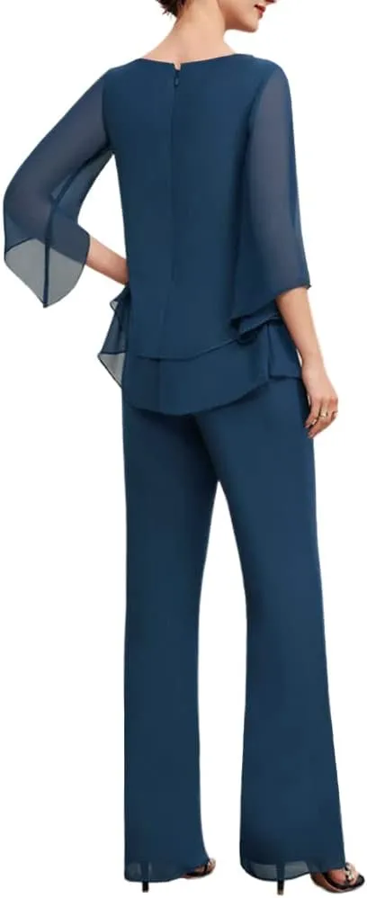 Zongqiven Womens Dressy Pant Suit Wedding Evening Outfits 2 Piece Chiffon Formal Pantsuits