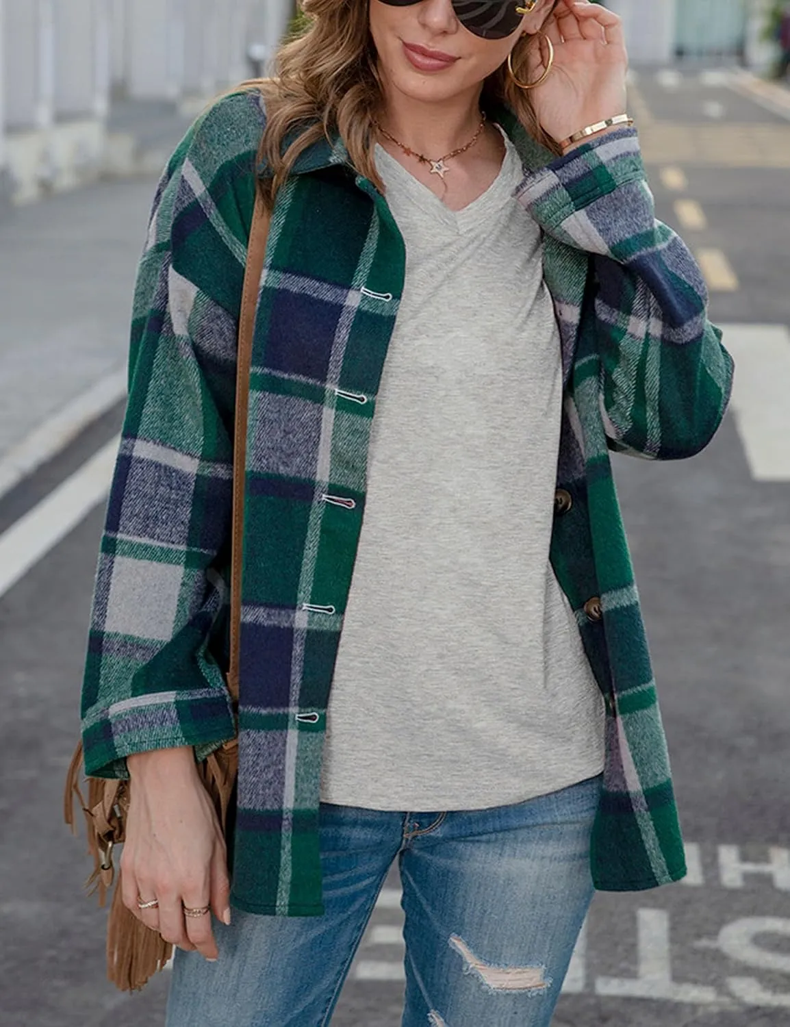Zontroldy Casual Long Plaid Shirts Shacket Jacket Button Down Long Sleeve Shirts Trench Coats for Women
