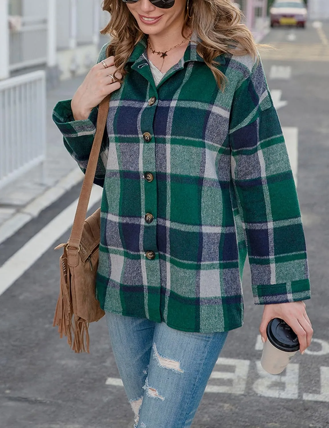 Zontroldy Casual Long Plaid Shirts Shacket Jacket Button Down Long Sleeve Shirts Trench Coats for Women
