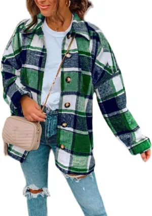 Zontroldy Casual Long Plaid Shirts Shacket Jacket Button Down Long Sleeve Shirts Trench Coats for Women