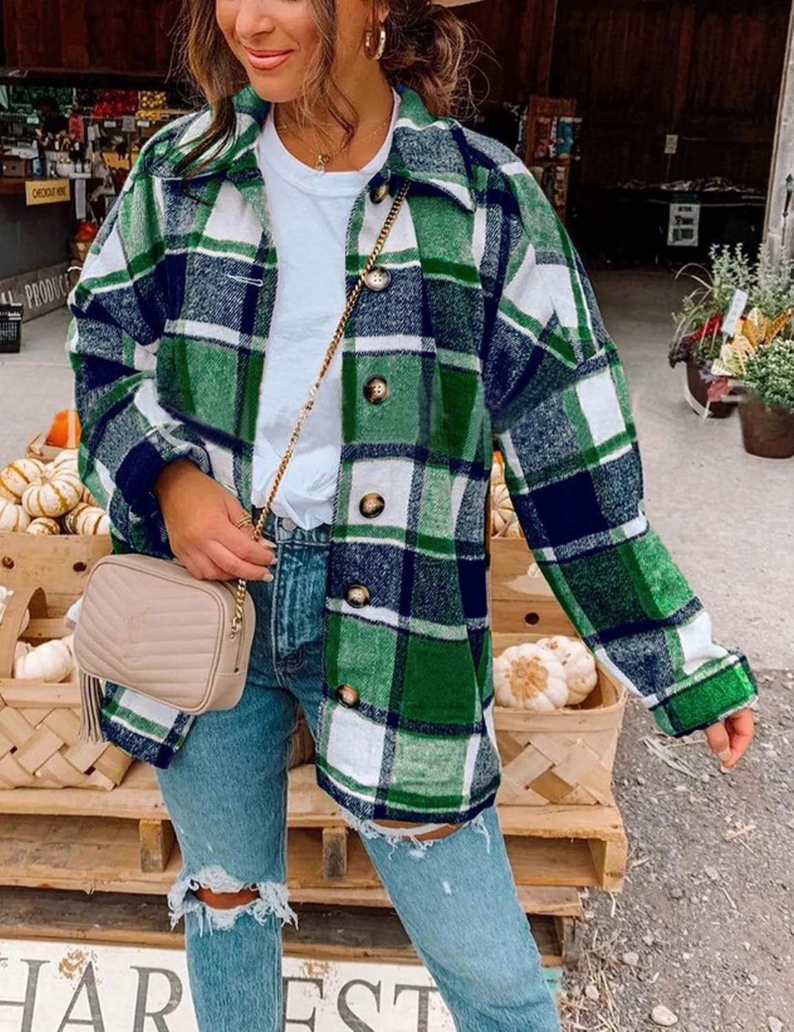 Zontroldy Casual Long Plaid Shirts Shacket Jacket Button Down Long Sleeve Shirts Trench Coats for Women