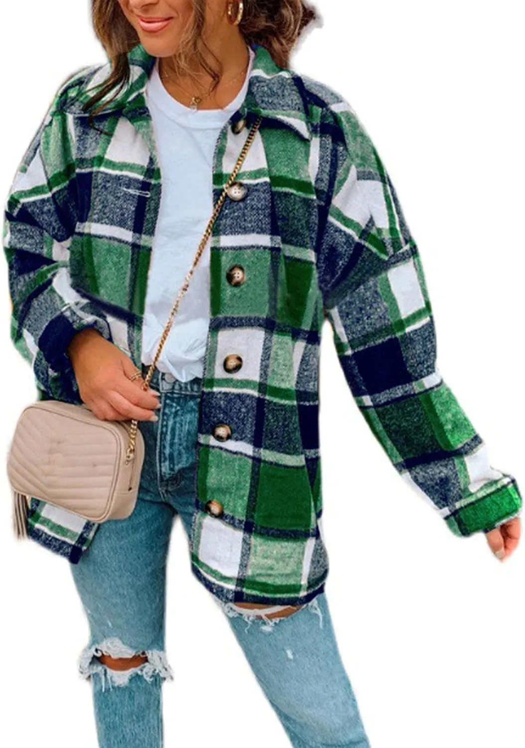 Zontroldy Casual Long Plaid Shirts Shacket Jacket Button Down Long Sleeve Shirts Trench Coats for Women
