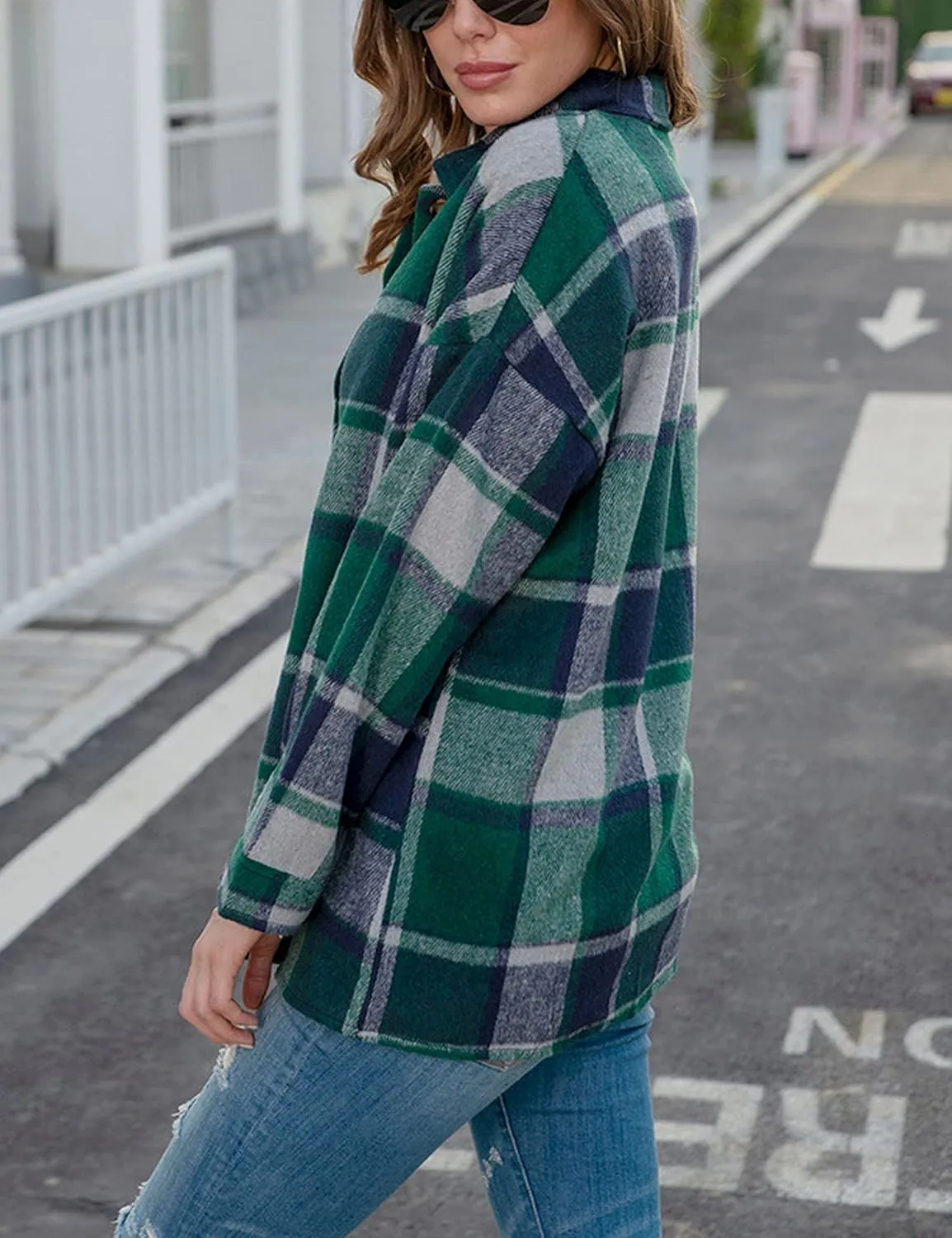 Zontroldy Casual Long Plaid Shirts Shacket Jacket Button Down Long Sleeve Shirts Trench Coats for Women