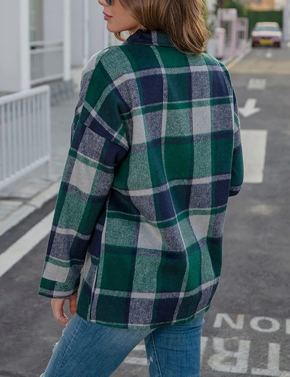 Zontroldy Casual Long Plaid Shirts Shacket Jacket Button Down Long Sleeve Shirts Trench Coats for Women